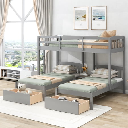 Hassch Twin Over Twin & Twin Bunk Bed With Two Drawers And Built-In Middle Drawer  Gray