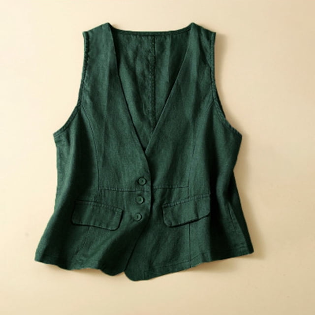 Meichang Women's Cotton Linen Vest V Neck Sleeveless Summer Tops Solid Color Button Down Open Front Cardigans Loose Casual Work Tank Tops