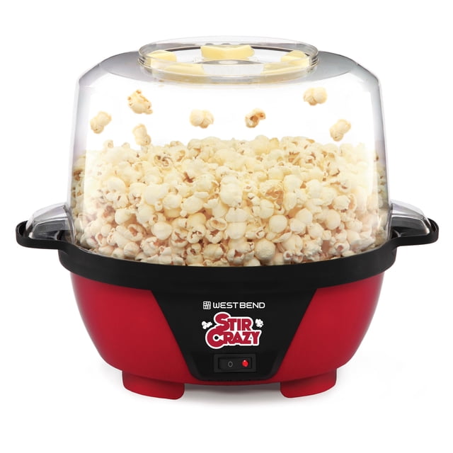 West Bend Stir Crazy Hot Oil Popcorn Popper, Popcorn Maker Machine with Large Serving Bowl Lid and Stirring Rod Perfect for Movie Night Snack Time or