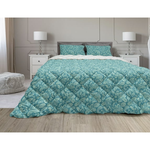 Ethnic Comforter & Sham Bedding Set, Leaves Vintage Pastel Paisley Old Fashioned Historical Motifs in Blue Shades, 3 pcs Duvet Set Microfiber Filling Quilt, 5 Sizes, Turquoise Teal, by Ambesonne