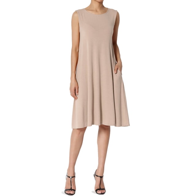TheMoogan Women's PLUS Basic Sleeveless Crew Neck Knee Length A-Line Jersey Pocket Swing Dress