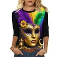 thumbnail image 2 of Cadancy Mardi Gras Shirt Women 3/4 Sleeve Trendy Crewneck Pullover Tunic Tops Rave Party Mask Print Carnival Blouse Casual Loose Holiday Outfits, 2 of 6