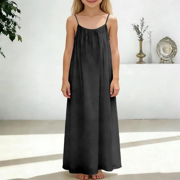 HOWPAY Girls' Dresses Sleeveless Swing Flowy Dresses Spaghetti Strap Solid Color Lightweight Summer Loose Fit Beach Casual Sundress Black