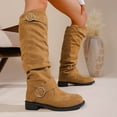 thumbnail image 5 of Dakaela Women's Knee High Boots Suede Buckles Slouchy Flat Fall Boots Comfortable Low Heel Motorcycle Riding Shoes Khaki 9, 5 of 8