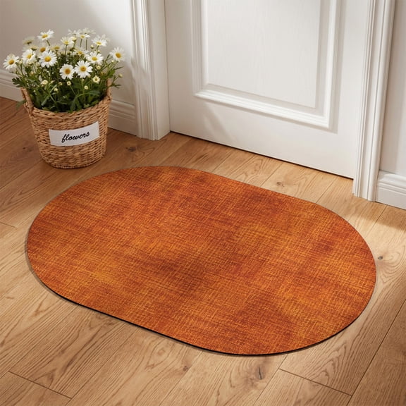 Burnt Orange Woven Fabric Diatomaceous Earth Bath Mat, Vintage Rustic Linen Texture Oval Non-Slip Quick Dry Door Mat Super Absorbent Bath Rug for Bathroom Kitchen Laundry 16x24in