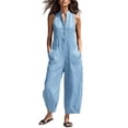 thumbnail image 2 of Jumpsuits for Women Dressy Half Button Sleeveless Jumpsuit Stand Collared Solid Color Overalls Loose Wide Leg Jumpsuits with Pockets Sky Blue L, 2 of 4