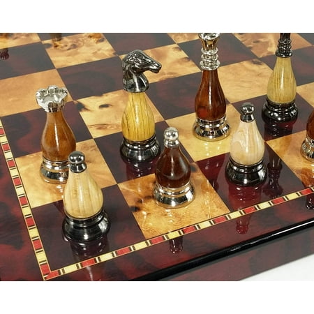 Brass Metal Black Chrome Wood Staunton Chess Set W/ 18 Cherry Color Board