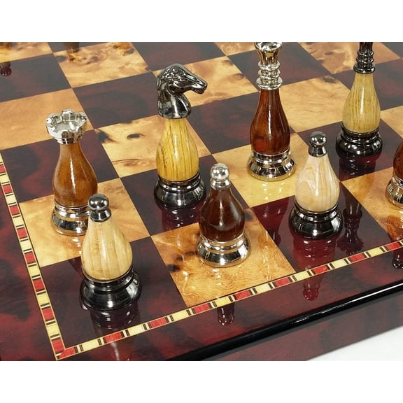 Brass Metal Black Chrome Wood Staunton Chess Set W/ 18" Cherry Color Board