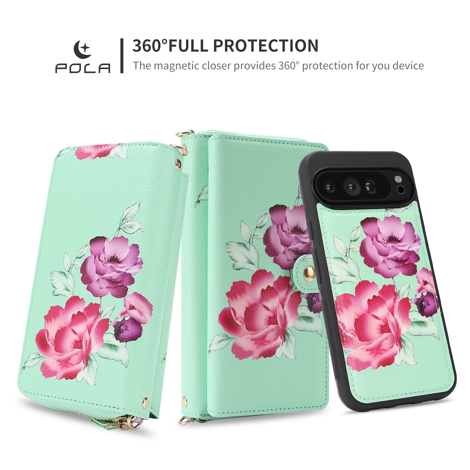 TECH CIRCLE 2-in-1 Wallet Case for Google Pixel 10 / 10 Pro (6.3", 2025), Detachable Magnetic Back Cover, Flip Flower Phone Case with 15 Card Slots, Zipper Pocket, Crossbody Strap, Wrist Strap, Green