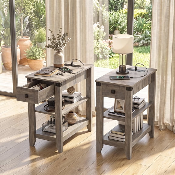 VEANERWOOD Set of 2 End Tables with Charging Station, Narrow Side Tablefor Small Space, Skinny Nightstand with Storage Drawer, Rustic Grey