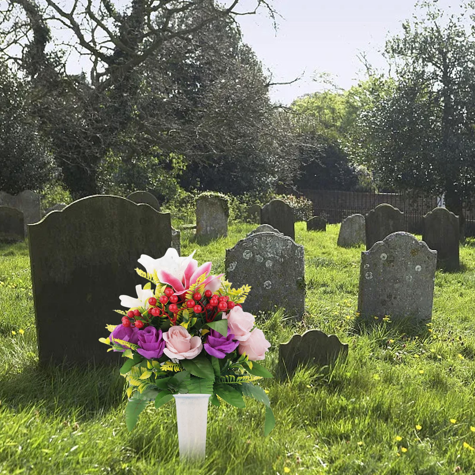 Artificial Cemetery Flowers with Vase,Set of 2 Artificial Rose Lily Bouquet Graveyard Memorial Flowers for Cemetery Headstones Decoration