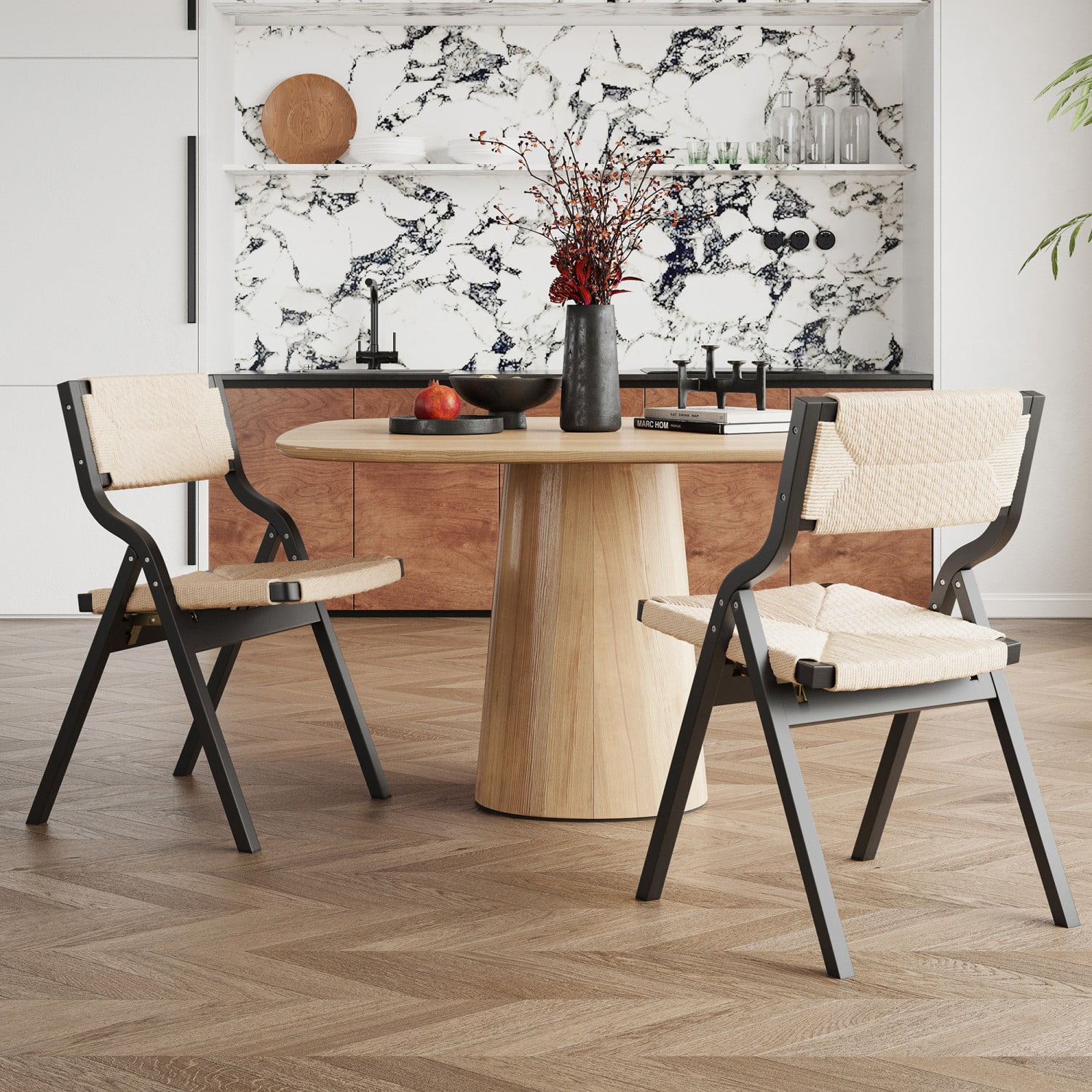 Folding Dining Chairs Set of 2, Wooden Foldable Chairs with Woven Seat & Webbing Back, Space-Saving Kitchen & Dining Room Chairs, Black & Natural