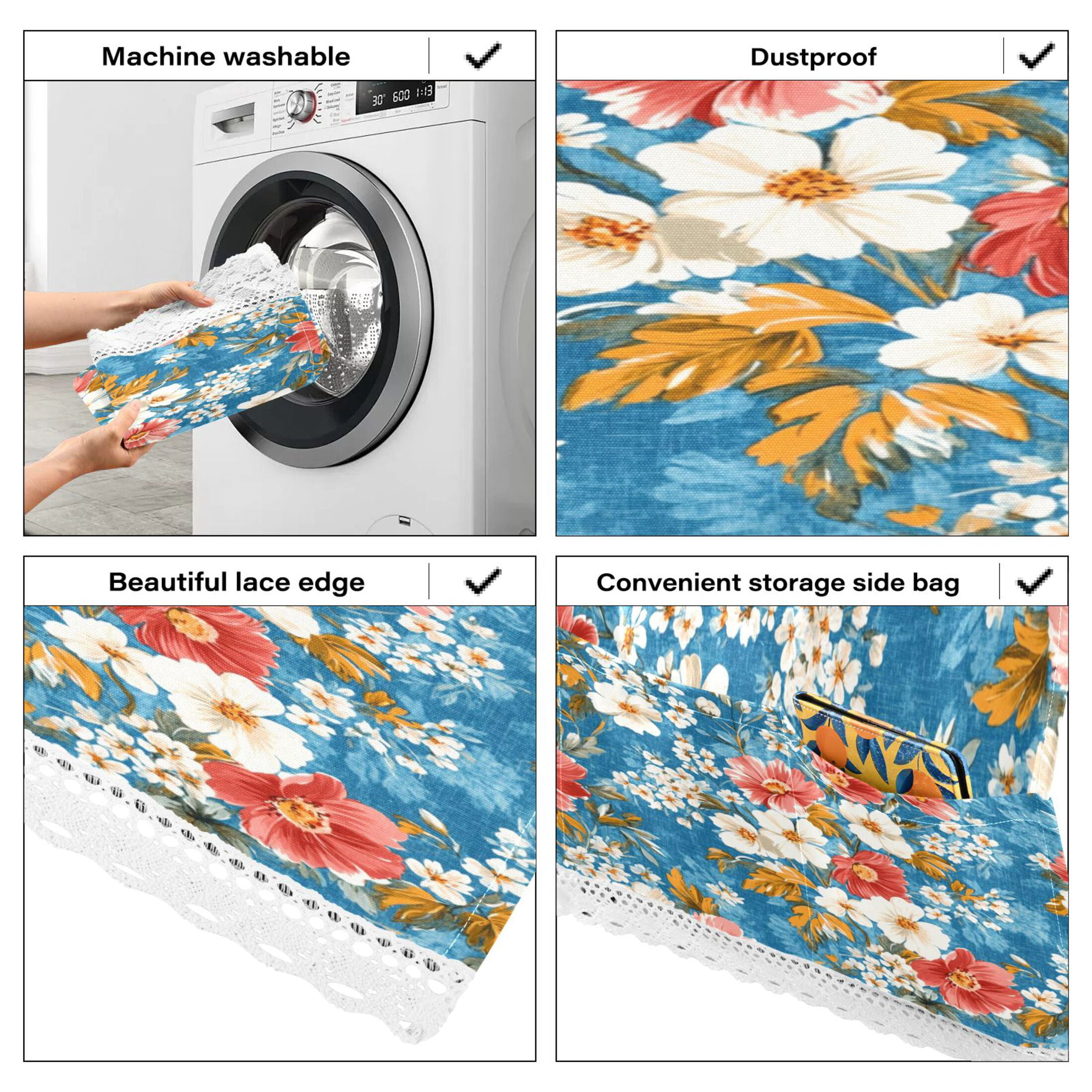 WOBOGO Red and White Nostalgic Flowers Washing Machine Cloth Dryer Refrigerator Top Cover Protective Non-Slip Mat For Kitchen Laundry
