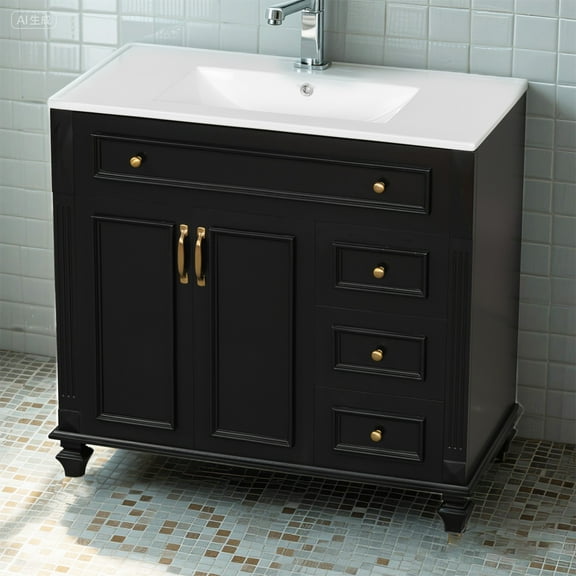 YIYADO Floor-standing washbasin, bathroom cabinet combination with flip-up drawers, balcony washbasin basin, Black