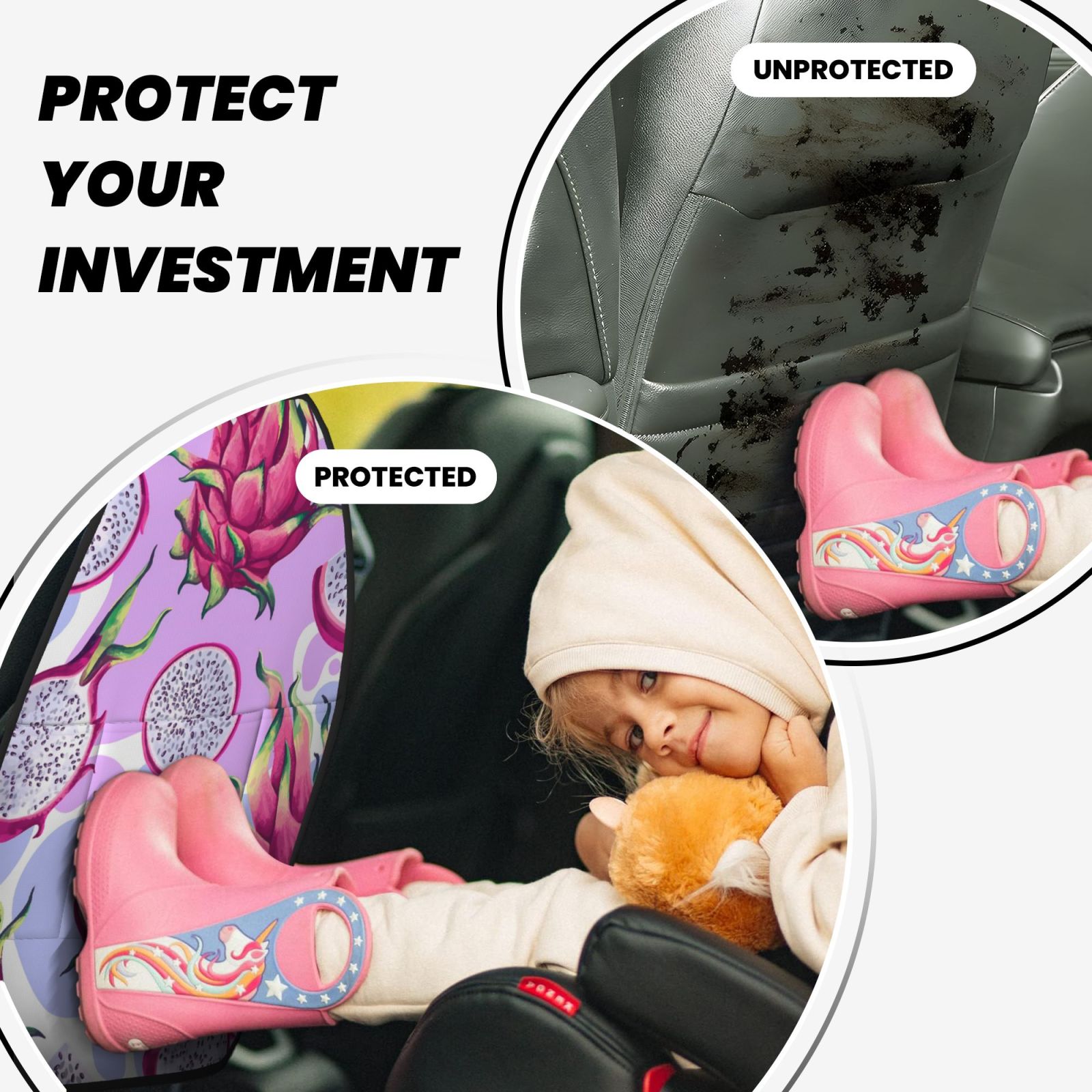 Kdxio Dragon Fruit Print 2 Pack Car Kick Mat Seat Cover Back Protector Mat with Pockets for Organizer Backseat Protector and Storage Anti Kick Pad for Vehicles