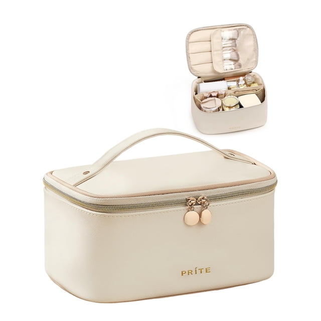 Bolsa de maquillaje Prite de gran capacidad impermeable con asa, color beige