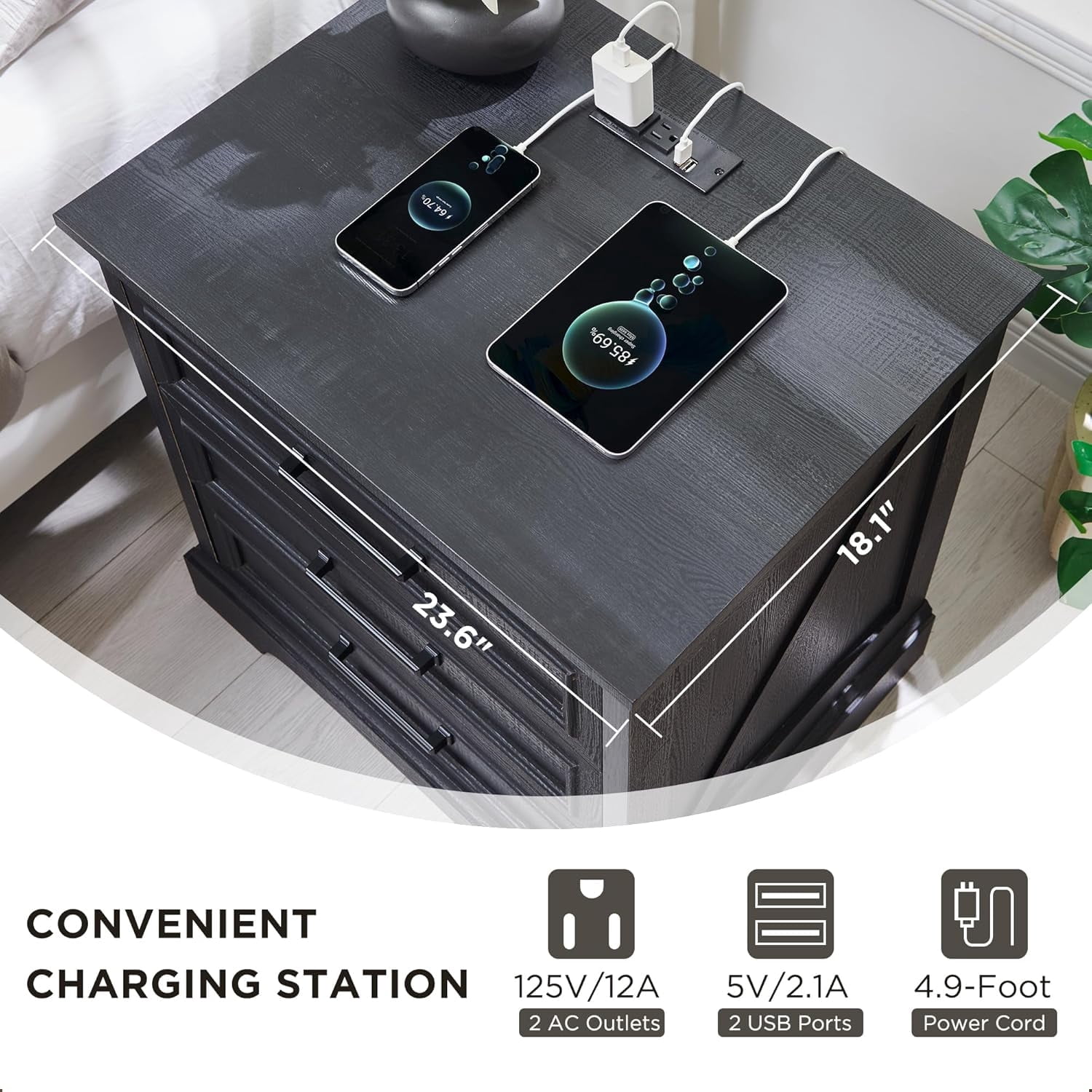 ACCOHOHO 3 Drawer Nightstand Set of 2 with Charging Station - Farmhouse End Tables, Rustic Side Tables for Bedroom & Living Room, Black