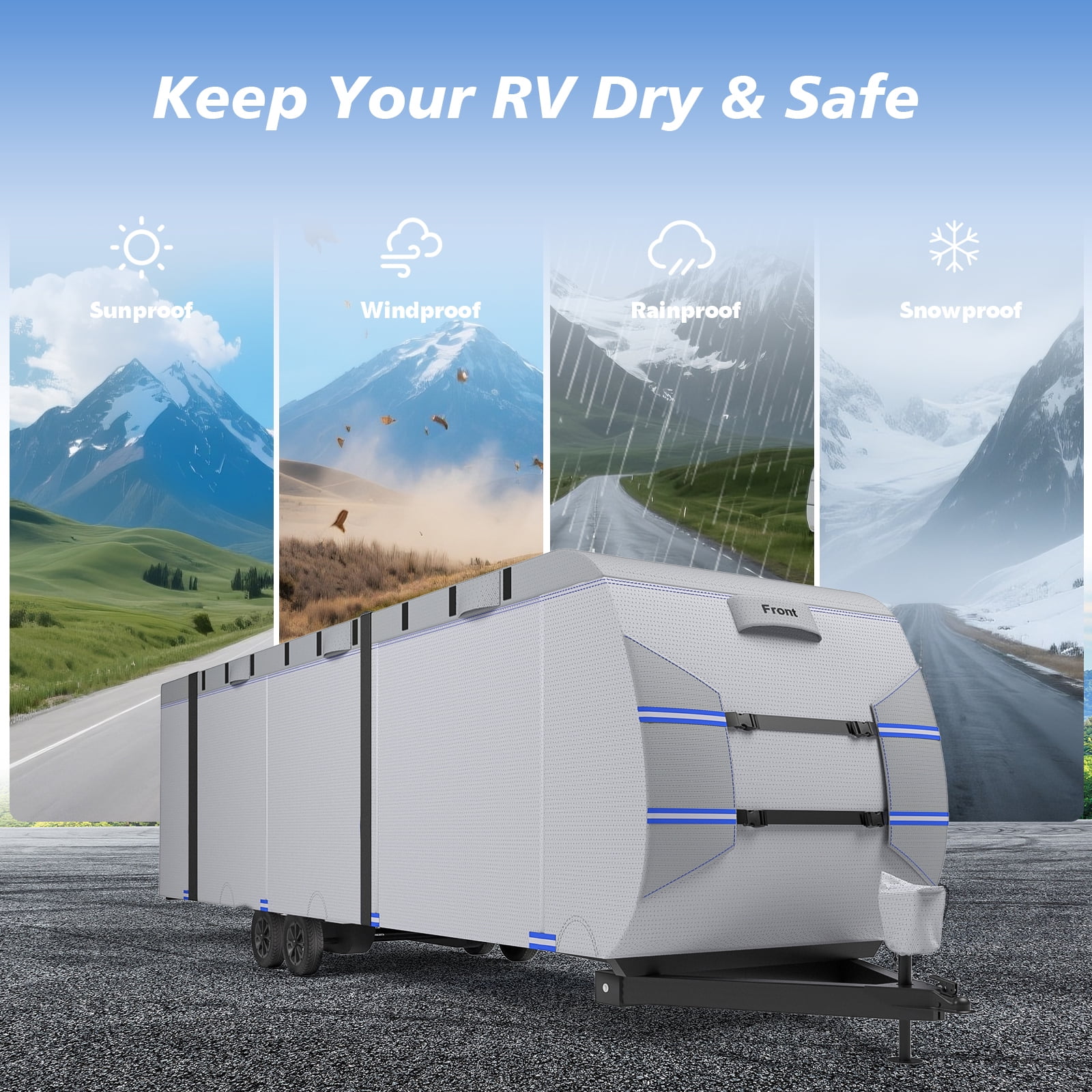 RIVERGRIT Travel Trailer RV Cover, Camper Cover Upgraded 7 Layers 20-22FT, RV Accessories for Windproof Waterproof with 2Pcs Extra Straps & 4 Tire Covers,Blue