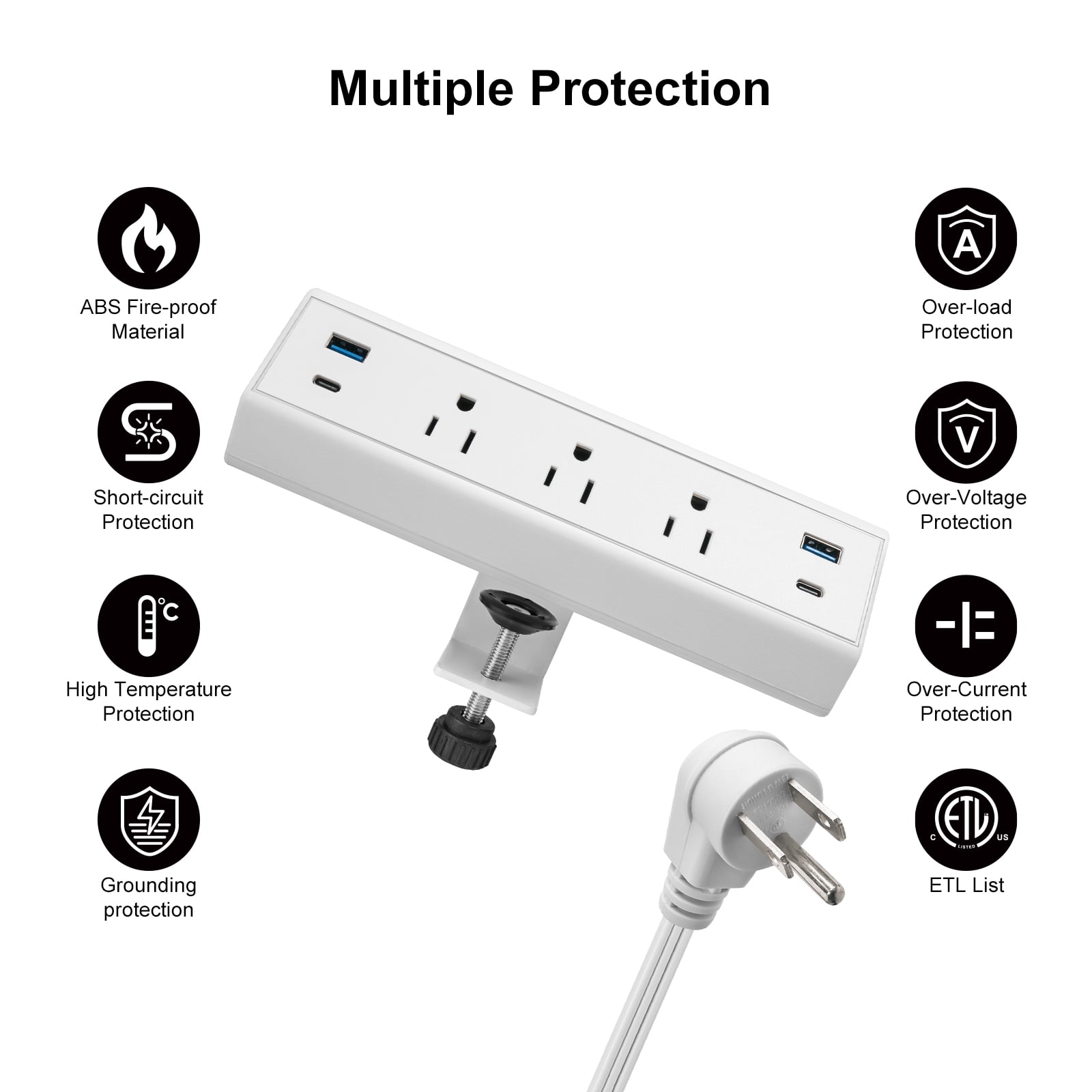 Fast Charge USB C Desk Clamp Power Strip 40W, Desktop Power Station Edge Mount  3 Outlets 4 USB C for Home Office School Hotel ETL White