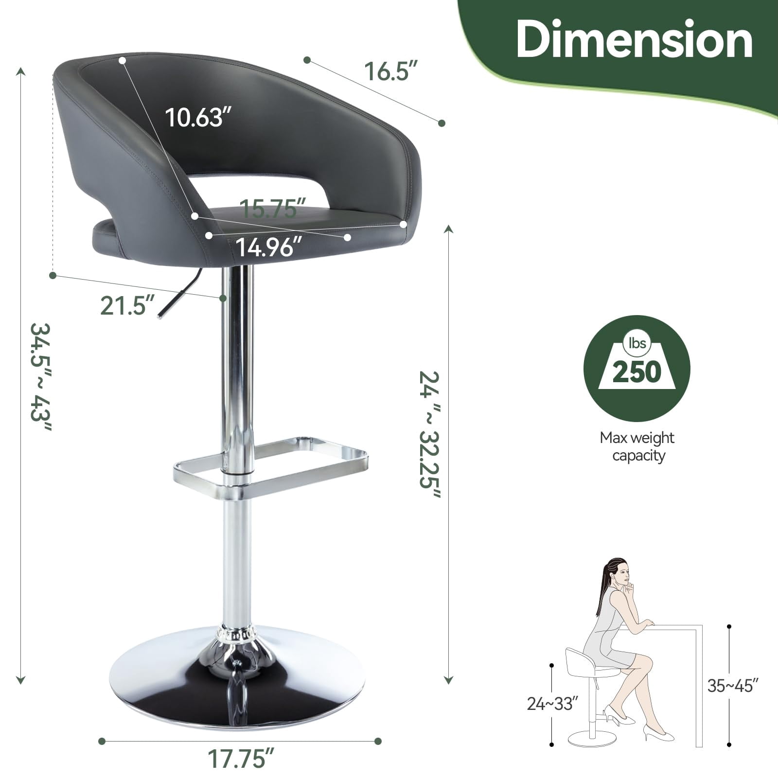 PU Leather Bar Stools, Adjustable Height 24."-32.25, Swivel Barstools with Back & Footrest, Upholstered Bar Chairs for Kitchen Island, Dining Room, Home Bar (Grey, Silver Base)