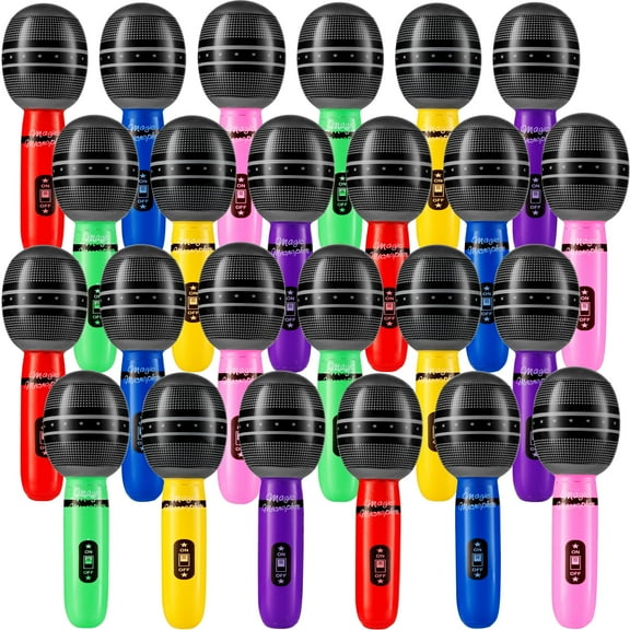 Rykon Inflatable Microphones for Parties, Pack of 24, 10-Inch Neon Blow Up Microphone Toys for Kids, Party Favors, Karaoke Decorations, Photo Booth Props & Birthdays