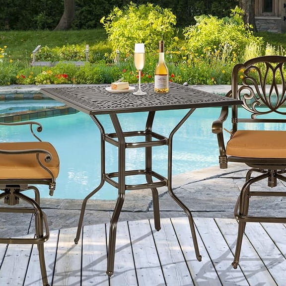 W WARMHOL Cast Aluminum Patio Bar Table, 35.4" Outdoor Bar Height Bistro Table with 2.2" Umbrella Hole, Patio Bistro Square High Top Dining Table Pub Table for Porch Balcony Backyard, Dark Bronze