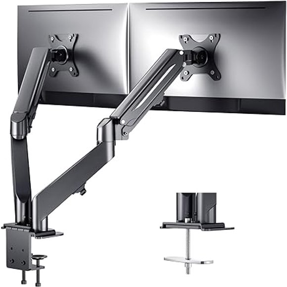 Irongear Dual Monitor Stand, Adjustable Gas Spring Dual Monitor Mount for 13-27 inch Screens up to 14.3 lbs, Dual Arm Monitor Mount with Swivel, Tilt, Rotation, Extension, Max VESA 100x100, IGDS01