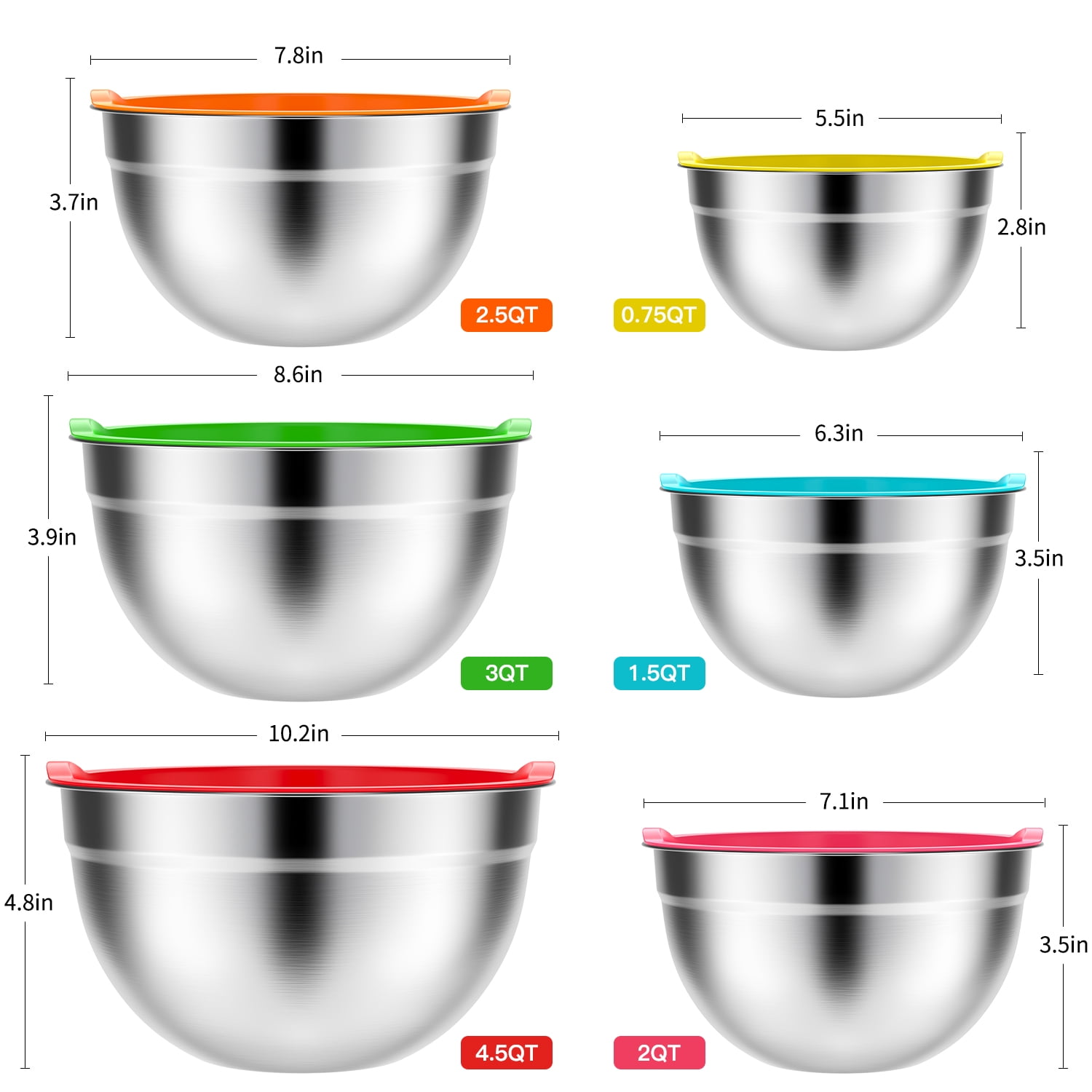 TINANA Mixing Bowls Set: 6 Piece Stainless Steel Mixing Bowls, Metal  Nesting Storage Bowls for Kitchen, Size 8, 5, 4, 3, 1.5, 0.75 QT, Great for  Prep, Baking, Serving-Black 