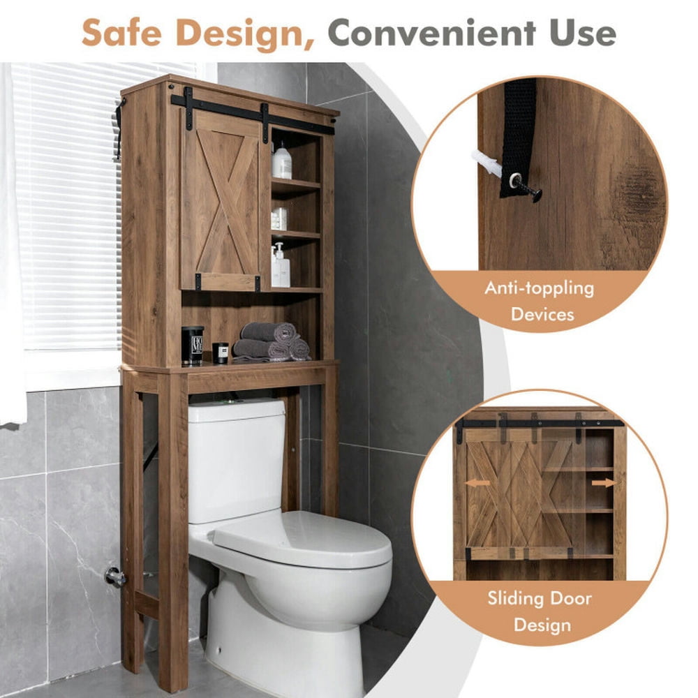 Finihen Toilet Storage Cabinet, Bathroom Cabinet Organizer, Wooden Bathroom Storage Cabinet with Sliding Barn Door and 3-level Adjustable Shelves, for Bathroom, Rustic Brown