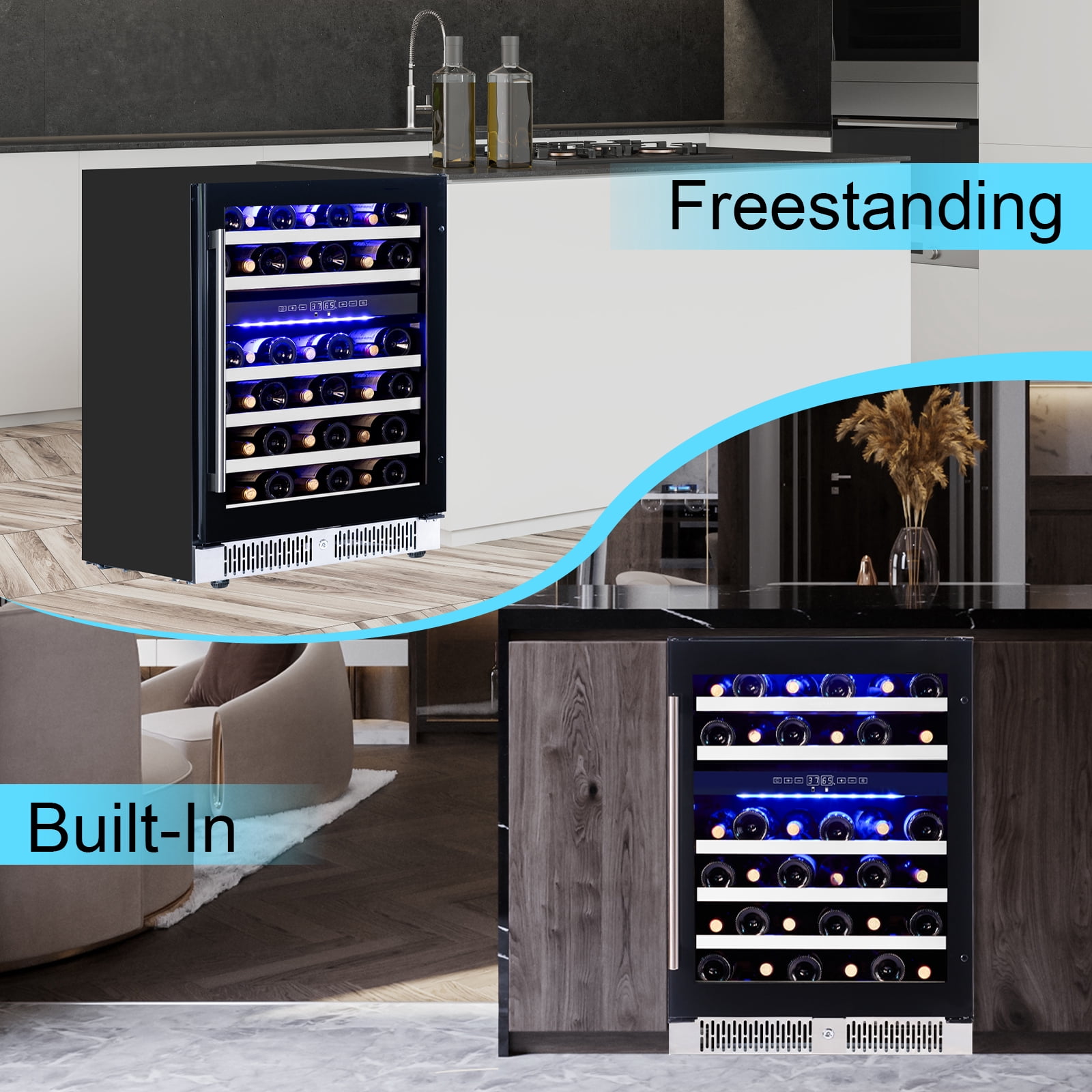 Luchar Wine Fridge 24 Inch, 46 Bottles Wine Cooler with Temperature Memory & Touchscreen Design, Double UV Glass Door and Removable shelves, Black