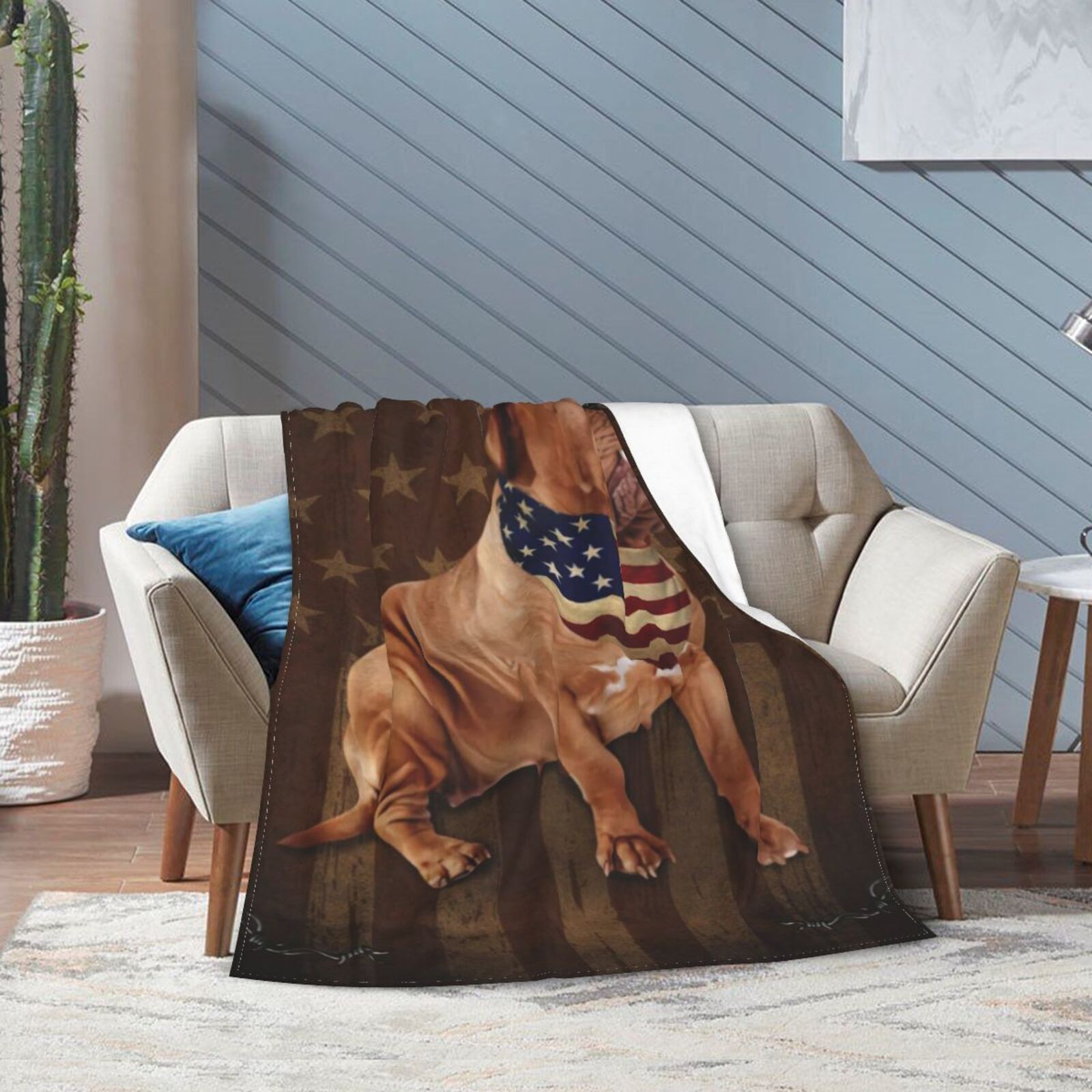 Wijzvio Dogue De Bordeaux Dog With Vintage American Flag Throw Blanket Soft Fuzzy Fleece Blanket For Couch Bed Living Room Decoration 50"X40"