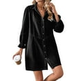 thumbnail image 3 of Women'S Button Down Denim Shirt Dress Lantern Long Sleeve Tiered Baydoll Jean Mini Dress Black Grey S, 3 of 9