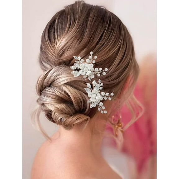 Silver Bride Wedding Hair Pins Flower Bridal Hair Piece Leaf Hair Clips Pearl Hair Accessories for Women and Girls (Pack of 2)
