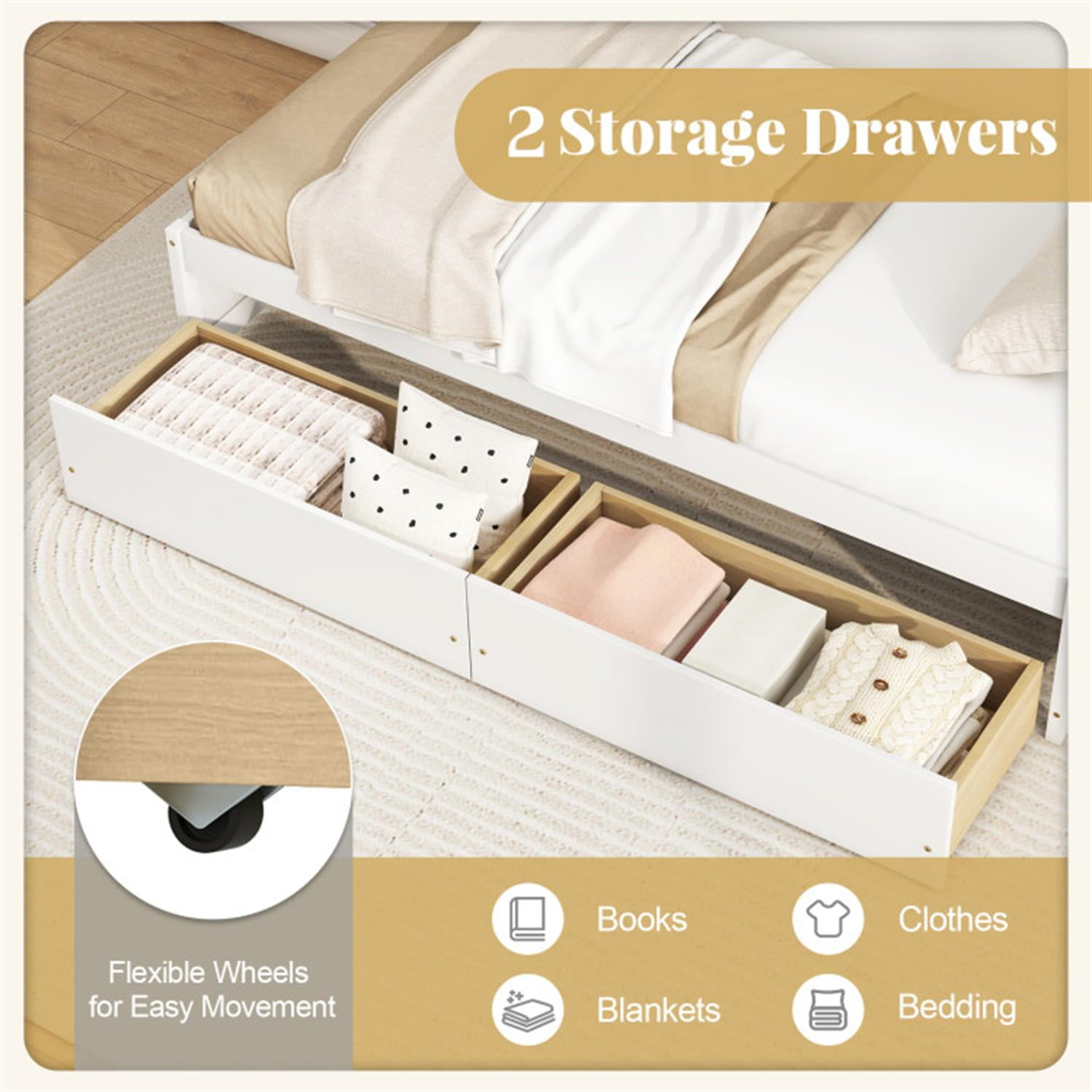 Demi Bonn Twin Size Bed Frame with 2 Drawers and Slats Support, Wooden Captain Bed for Bedroom, White