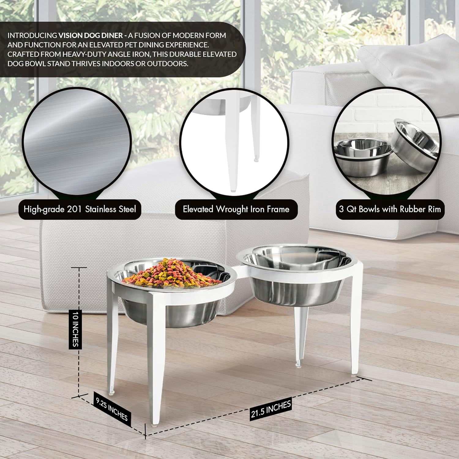 NMN Designs Vision Outdoor/Indoor Elevated Single Diner for Dogs - 10" Tall - Modern Minimalist Metal Dog Bowl Stand - Stylish Raised Pet Bowl for Large Breed - Premium Stainless Steel Bowl