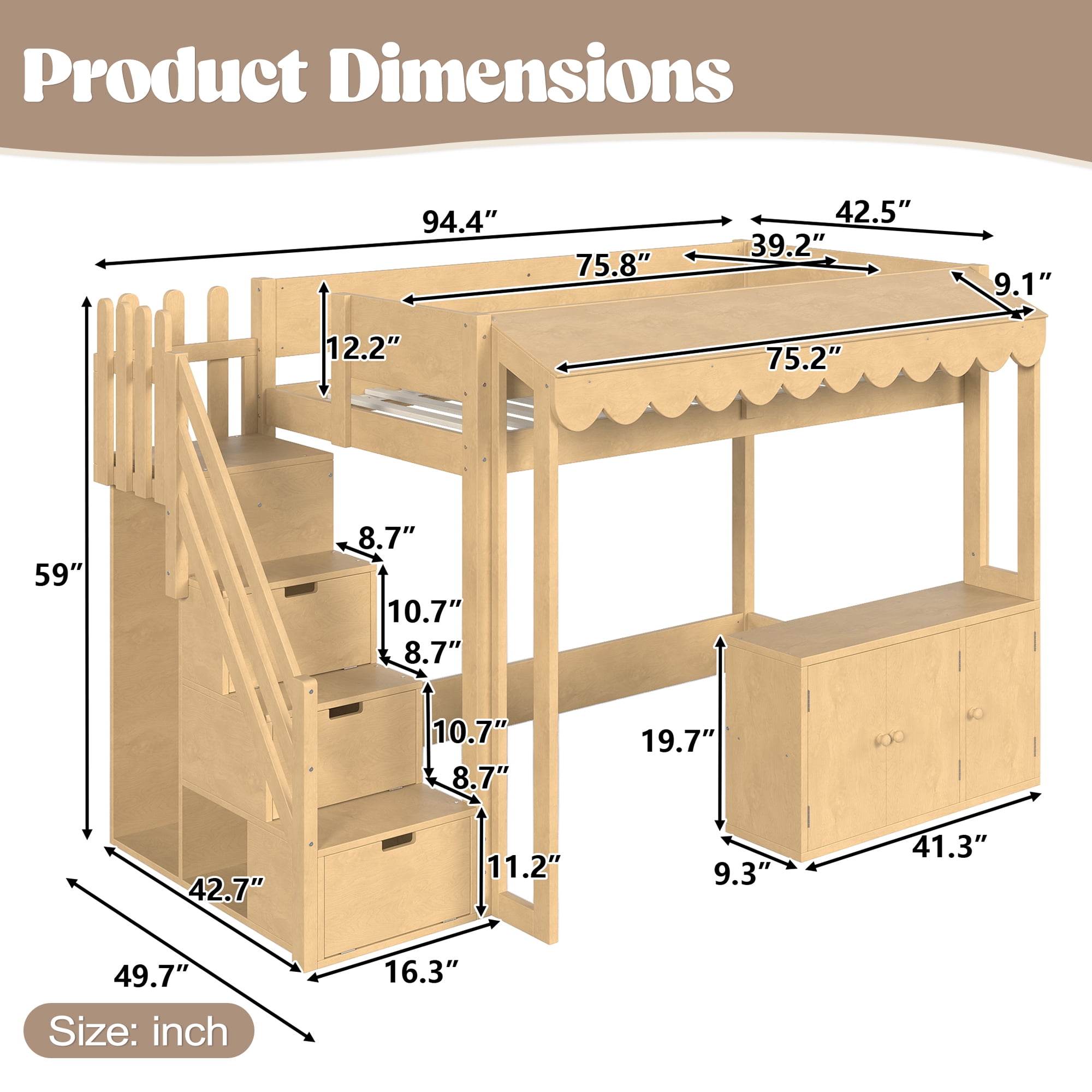 Leumius Twin over Twin Size Playhouse Loft Bed with Storage Stairs, Solid Wood Loft Bed with Pretend Convenience Store Counter, Convertible Underbed Space for Sleep or Play Natural
