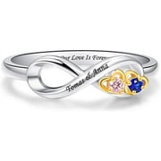 JQUEEN Women's Custom Ring 925 Sterling Silver Personalized Infinity Mothers Ring with 2 Round Simulated Birthstones Custom Engraved Engagement Promise Rings Size 5-12