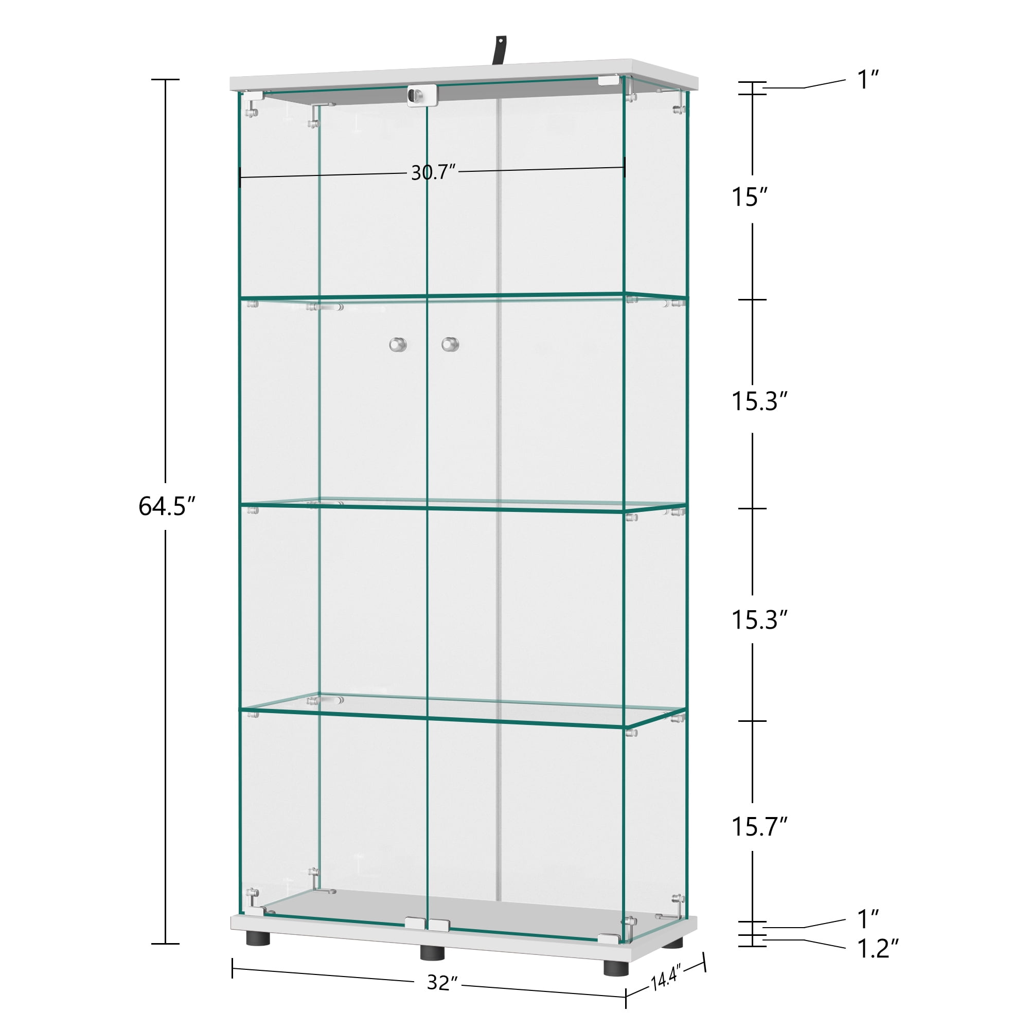 MAYEERTY 4-Tier Glass Display Cabinet with Double Door, Curio Cabinet Collection Showcase, White, 64.5"x32"x14.4"