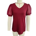 thumbnail image 1 of Blusa de verano con escote en V, ribete de encaje y mangas cortas abullonadas - Rojo vino, corte holgado, talla L, 1 of 3