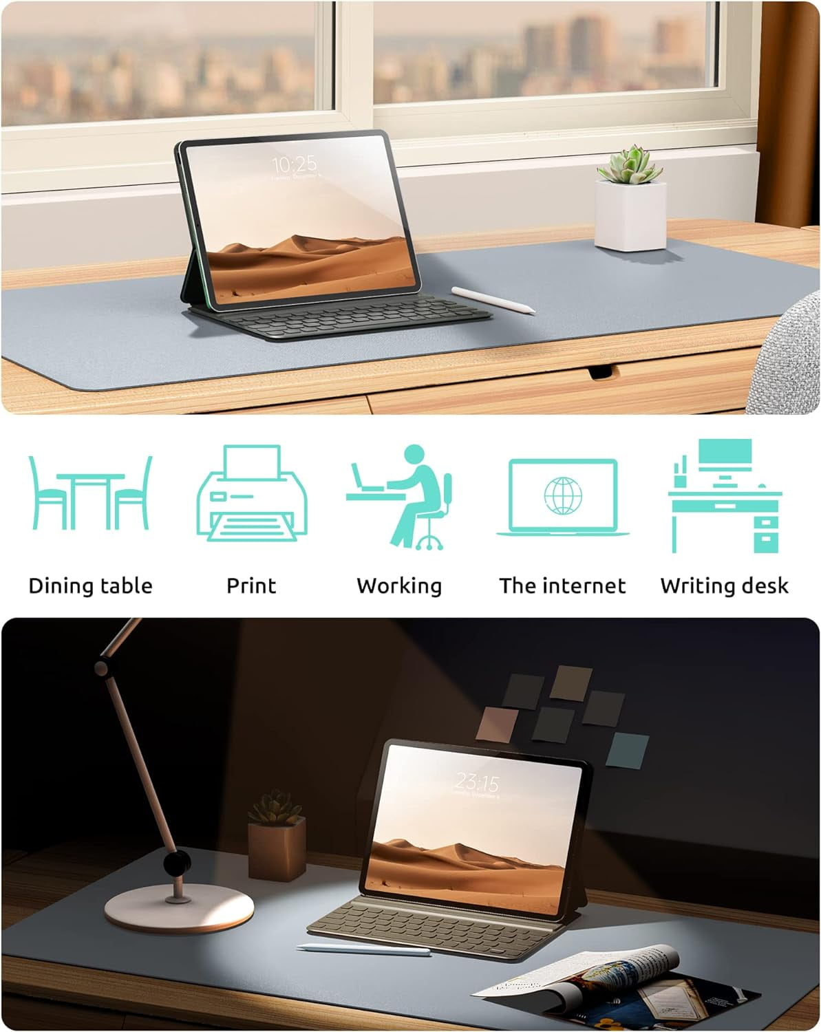 Leather Desk Pad Protector, Office Desk Mat, Large Mouse Pad, Non-Slip PU Leather Desk Blotter, Laptop Desk Pad, Waterproof Desk Writing Pad for Office and Home (Light Grey, 35.4" x 17")
