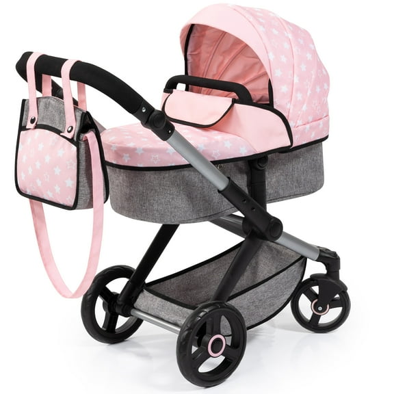 Bayer Design: Doll Pram Xeo - Soft Pink-Grey-Stars - 2-In-1 Pushchair & Stroller, Adjustable Handle, Swivel Wheels, Handbag, Dolls Up To 18", Kids 3 