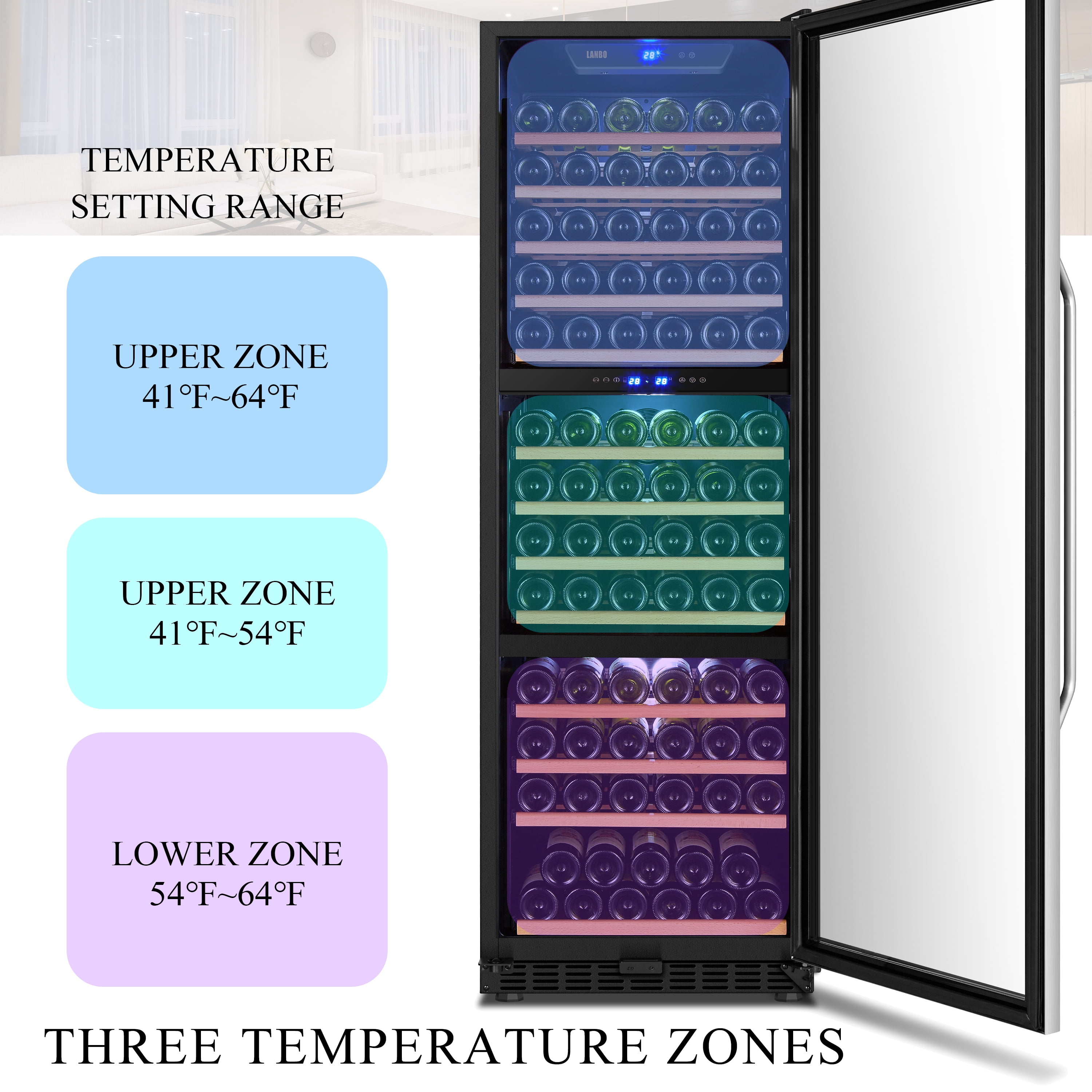 Lanbo 143 Bottle Triple Zone Compressor Wine Refrigerator 24 inch Width