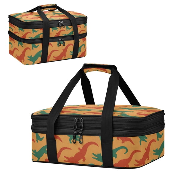 Large Double Decker Insulated Casserole Carrier Expandable 2-Layer Thermal Food Tote Bag Crocodile Pattern Design Hot Cold Pizza Lasagna Holder for Potluck Picnic Party Camping