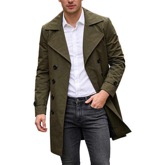Mens Notched Lapel Pea Coat Double Breasted Trench Overcoat Mid Long Winter Outerwear,Oversized Windproof Daily Outing Casual Comfy Wear,Green,3XL