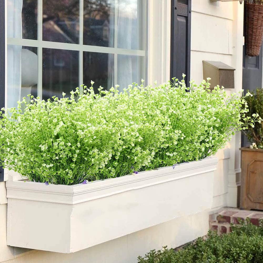 Artificial Shrubs Bushes 4 Pack Fake Outdoor UV Resistant Plants Flowers, Faux Plastic Bell Leaves Greenery for Indoor Outside Hanging Planter Home Office Wedding Farmhouse Decor (Purple)