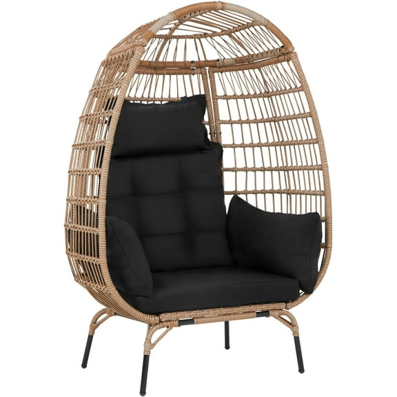 YRLLENSDAN Egg Chair Indoor Outdoor Egg Basket Lounge Chair Rattan Chair Steel Frame Oversized Indoor Outdoor Lounger with 4 Comfort Cushion and Stand,352lb Capacity for Patio Garden Living Room,Black