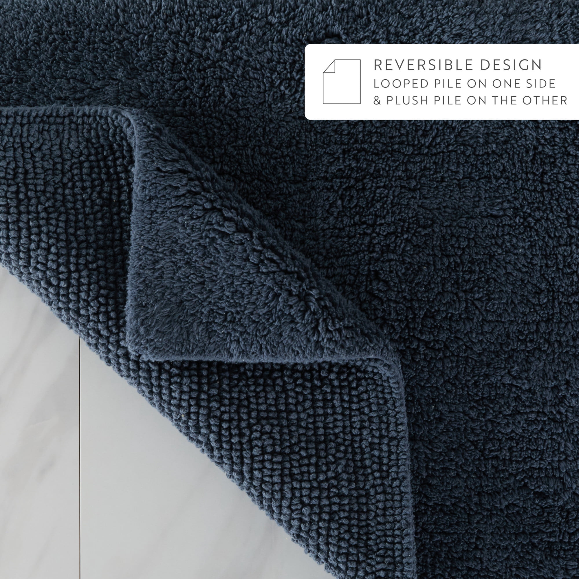 Noble Linens Reversible Dual-Texture Cotton Bath Mat, 24 in x 17 in, Navy