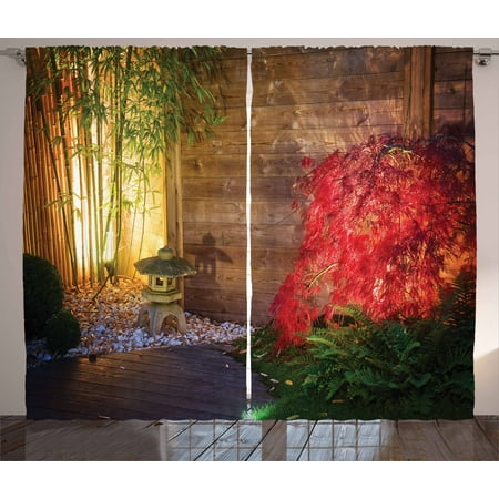 Garden Curtains 2 Panels Set, Japanese Stone Lantern and Red Maple Tree in an Autumnal Zen Garden Bamboo Trees, Window Drapes for Living Room Bedroom, 108W X 84L Inches, Multicolor, by