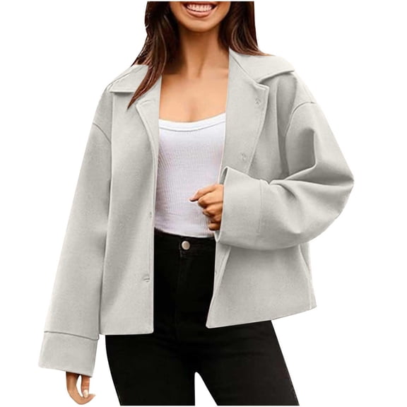 Women Cropped Button Blazer Short Casual Bomber Wool Blend Jacket Pea Coat Fall Outerwear with Pockets