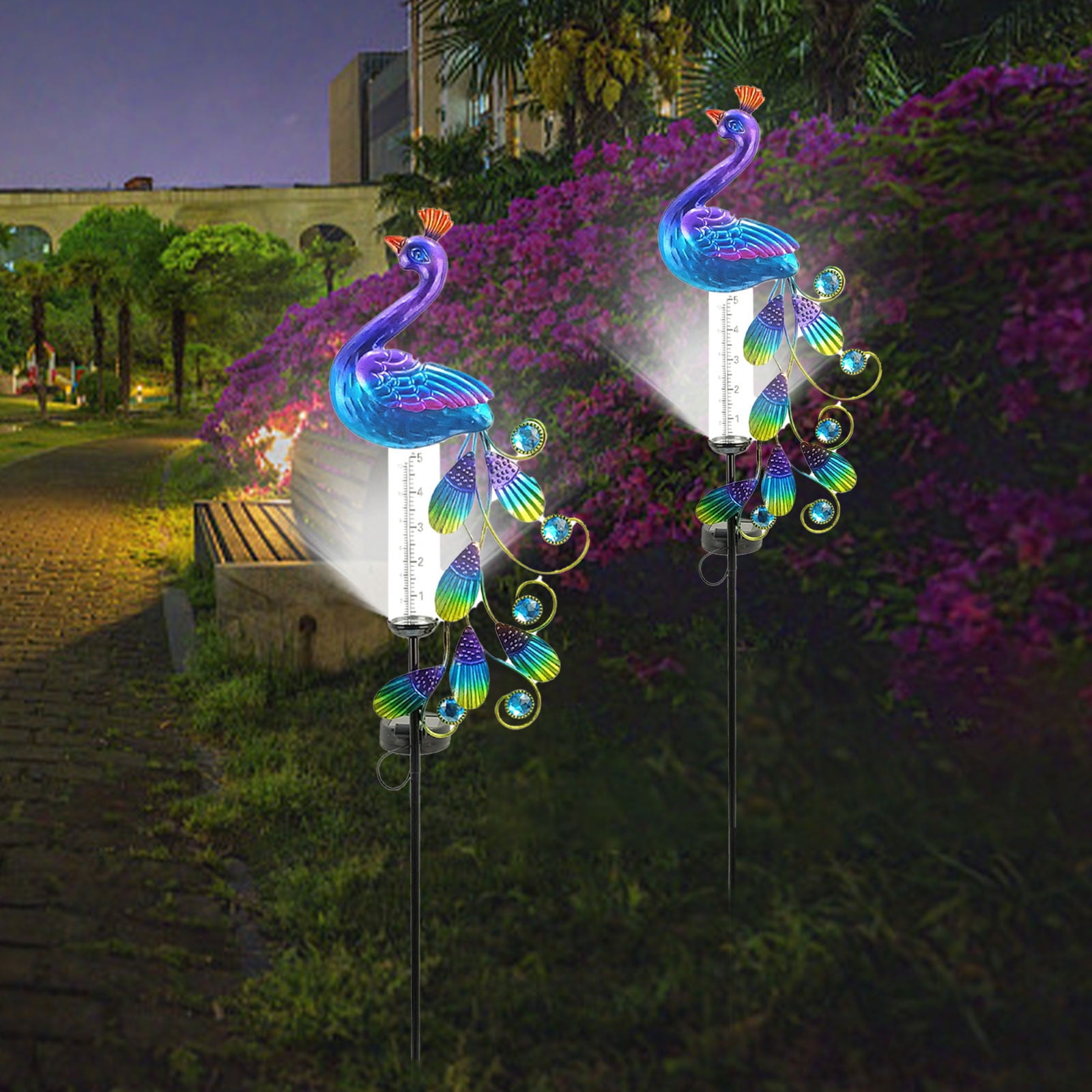 Kmdttou Outdoor Solar Lights 35.1 Inch Rain Gauge, Solar Lighted Garden Stake Decorations With 16 LED Warm Lights, Metal Yard Art Outdoor Meadow Patio Decor